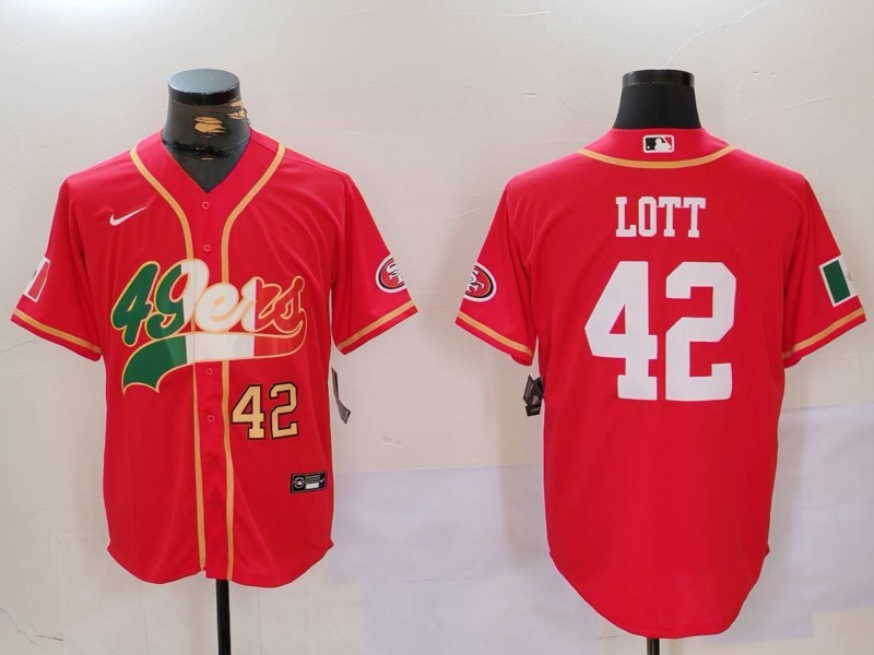 Personalized Men’s San Francisco 49ers #42 Ronnie Lott Red With Patch Cool Base Stitched Baseball Jerseys