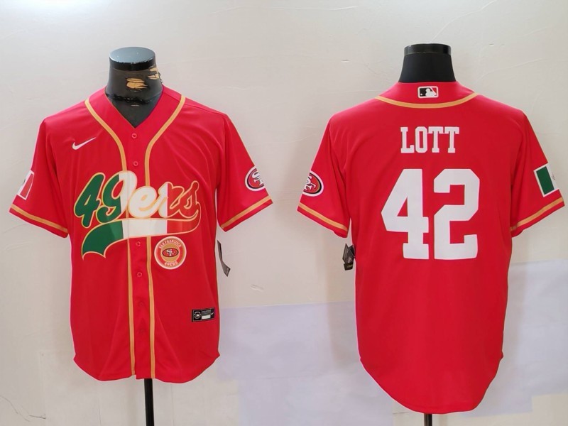 Personalized Men’s San Francisco 49ers #42 Ronnie Lott Red With Patch Cool Base Stitched Baseball Jerseys