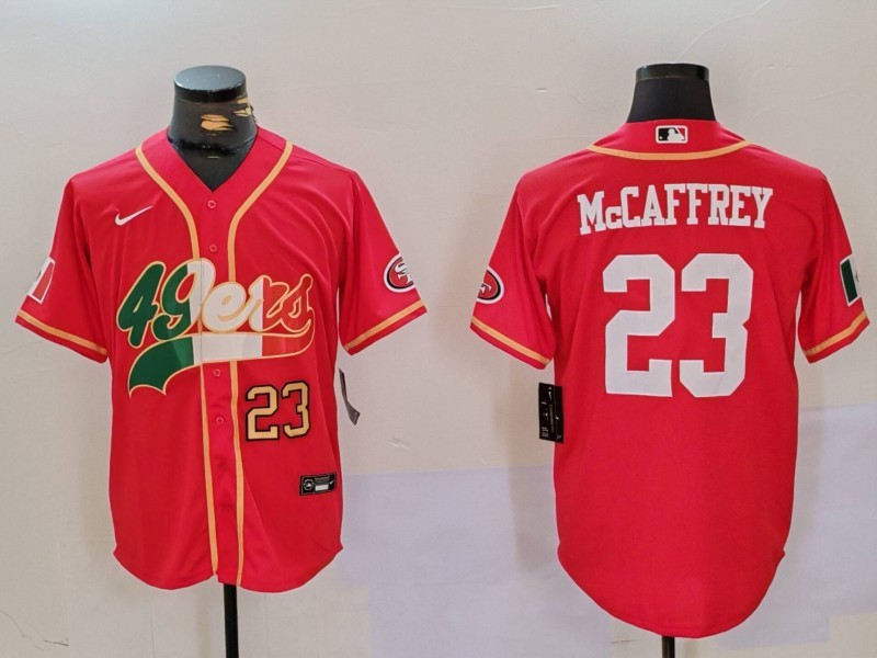 Personalized Men’s San Francisco 49ers #23 Christian McCaffrey Red With Patch Cool Base Stitched Baseball Jersey
