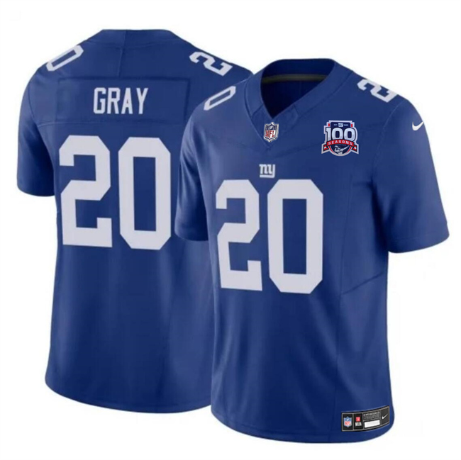 Personalized Men’s New York Giants #20 Eric Gray Blue 2024 F.U.S.E. 100TH Season Patch Untouchable Limited Stitched Jersey