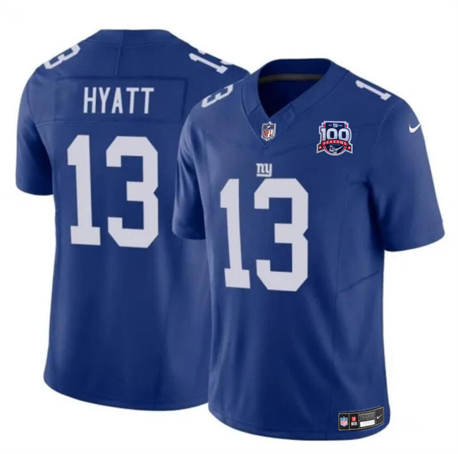 Personalized Men’s New York Giants #13 Jalin Hyatt Blue 2024 F.U.S.E. 100TH Season Patch Untouchable Limited Stitched Jersey