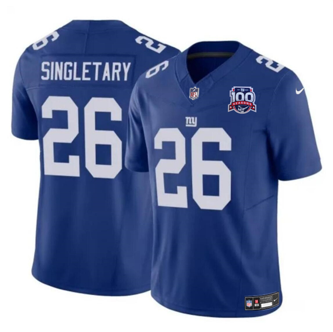 Personalized Men’s New York Giants #26 Devin Singletary Blue 2024 F.U.S.E. 100TH Season Patch Untouchable Limited Stitched Jersey