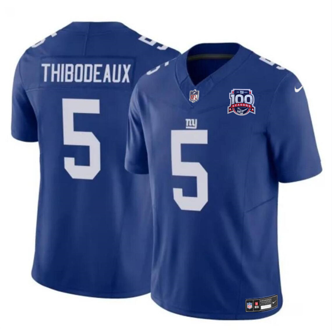Personalized Men’s New York Giants #5 Kayvon Thibodeaux Blue 2024 F.U.S.E. 100TH Season Patch Untouchable Limited Stitched Jersey