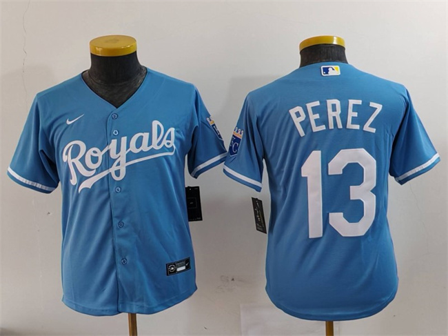 Personalized Youth Kansas City Royals #13 Salvador Perez Light Blue Stitched Baseball Jersey