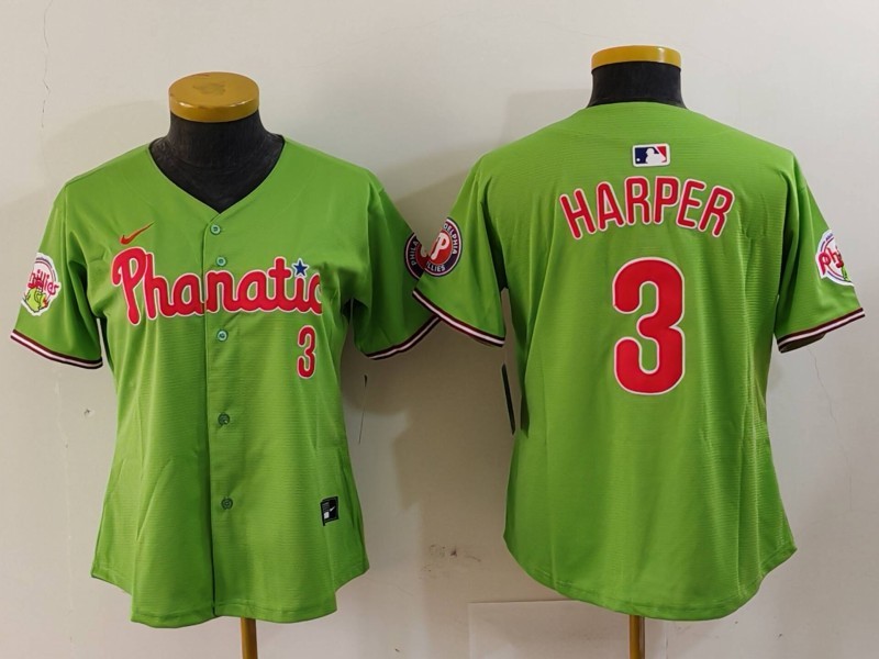 Personalized Women’s Philadelphia Phillies #3 Bryce Harper Green With Patch Stitched Baseball Jersey(Run Small)