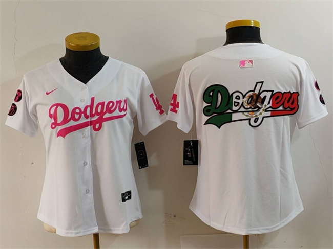 Personalized Women’s Los Angeles Dodgers Team Big Logo White Pink Vin & Kobe Patch Stitched Baseball Jersey(Run Small)