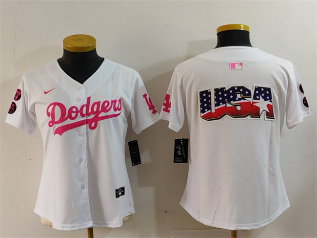 Personalized Women’s Los Angeles Dodgers Team Big Logo White Pink Vin & Kobe Patch Stitched Baseball Jersey(Run Small)