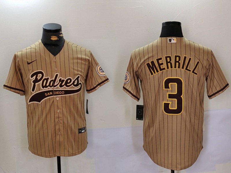 Personalized Men’s San Diego Padres #3 Jackson Merrill Brown Cool Base Stitched Baseball Jerseys