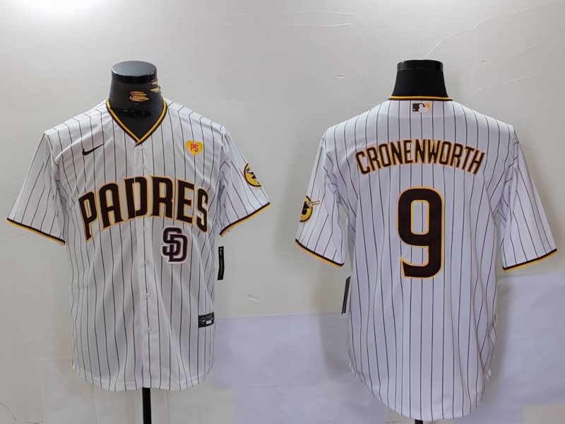 Personalized Men’s San Diego Padres #9 Jake Cronenworth White With PS Patch Cool Base Stitched Baseball Jersey