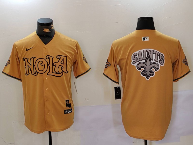 Personalized Men’s New Orleans Saints Team Big Logo Gold Cool Base Stitched Baseball Jersey