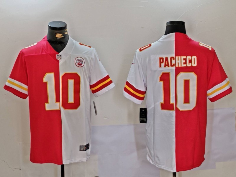 Personalized Men’s Kansas City Chiefs #10 Isiah Pacheco Red White Split Limited Stitched Jersey