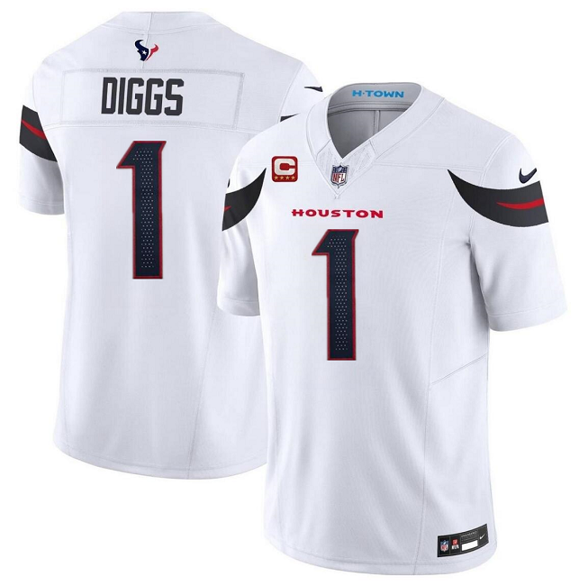 Personalized Men’s Houston Texans #1 Stefon Diggs White 2024 F.U.S.E. With 4-Star C Patch Limited Stitched Jersey