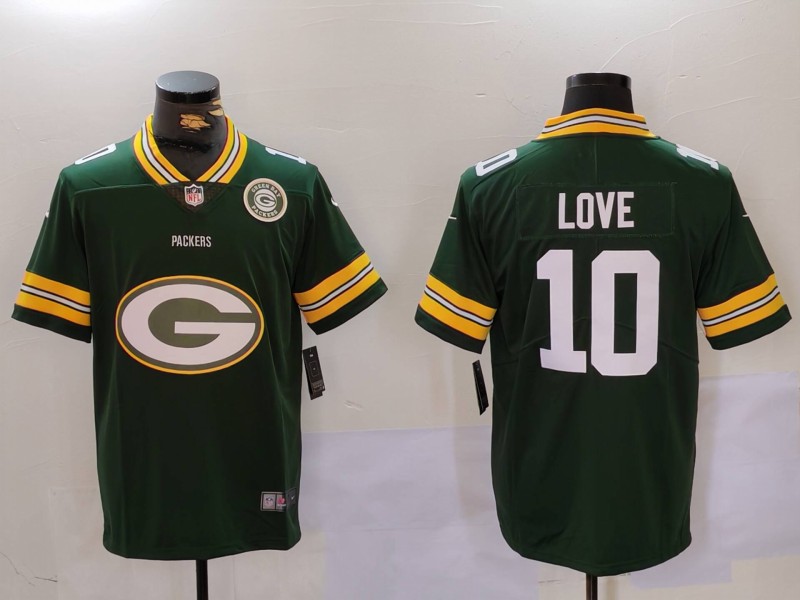Personalized Men’s Green Bay Packers #10 Jordan Love Green Big Logo With Patch Limited Stitched Football Jersey
