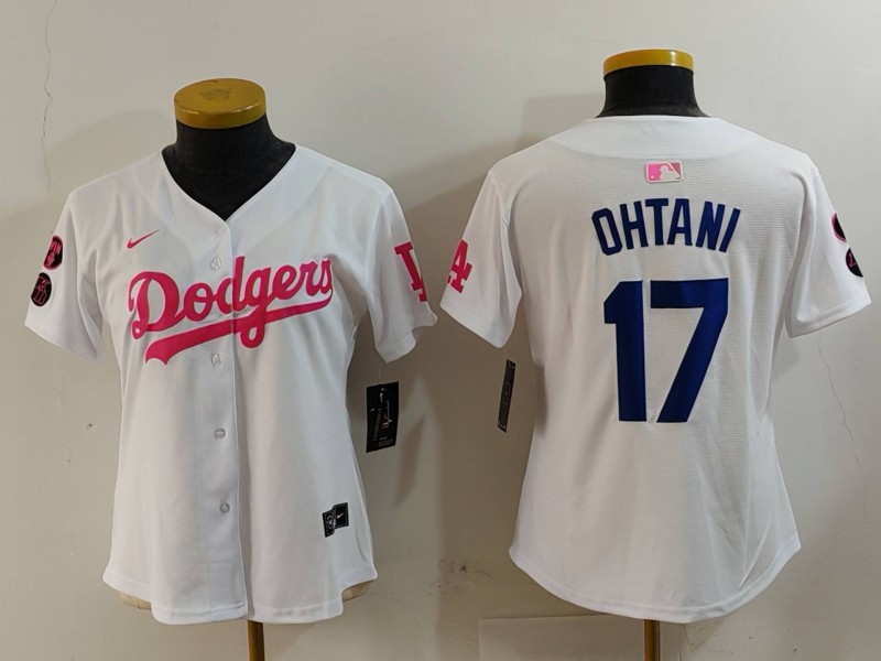 Personalized Women’s Los Angeles Dodgers #17 Shohei Ohtani White Pink Vin & Kobe Patch Stitched Baseball Jersey(Run Small)