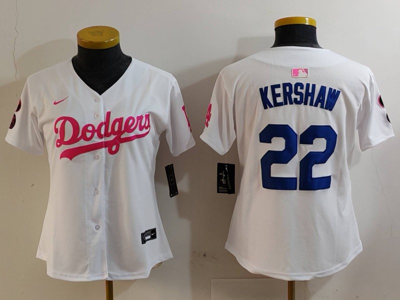 Personalized Women’s Los Angeles Dodgers #22 Clayton Kershaw White Pink Vin & Kobe Patch Stitched Baseball Jersey(Run Small)