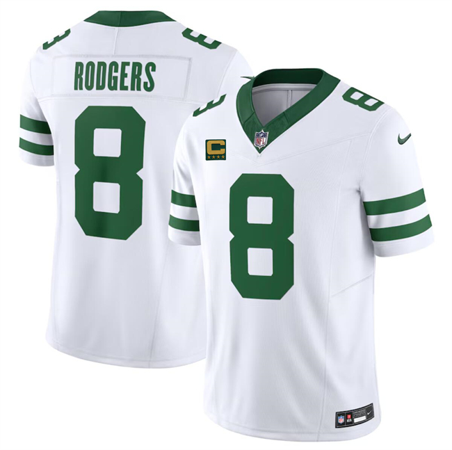 Personalized Men’s New York Jets #8 Aaron Rodgers White 2023 F.U.S.E. With 4-Star C Patch Limited Throwback Stitched Football Jersey