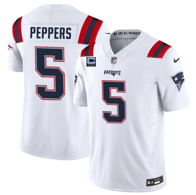 Personalized Men’s New England Patriots #5 Jabrill Peppers White F.U.S.E. With 3-Star C Patch Limited Stitched Football Jersey