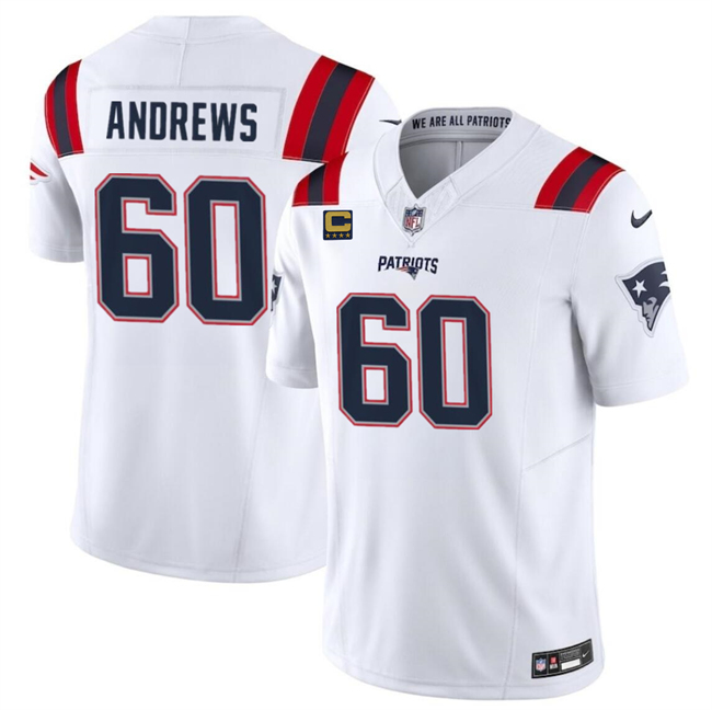 Personalized Men’s New England Patriots #60 David Andrews White 2023 F.U.S.E. With 4-Star C Patch Limited Stitched Football Jersey