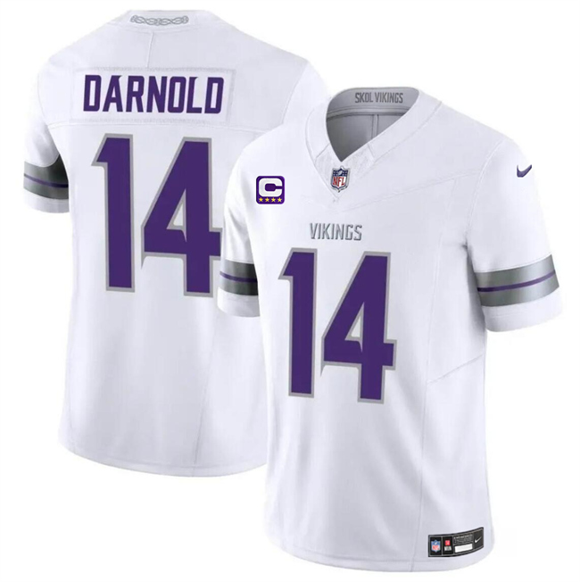 Personalized Men’s Minnesota Vikings #14 Sam Darnold White 2024 F.U.S.E. With 4-Star C Patch Winter Warrior Limited Stitched Jersey