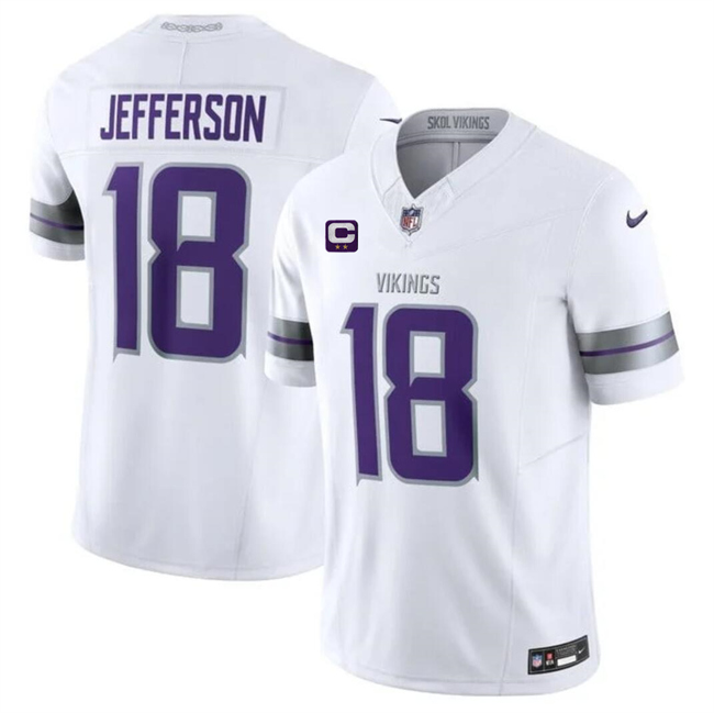Personalized Men’s Minnesota Vikings #18 Justin Jefferson White 2024 F.U.S.E. With 2-Star C Patch Winter Warrior Limited Stitched Jersey