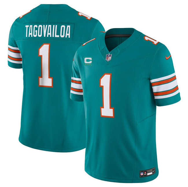 Personalized Men’s Miami Dolphins #1 Tua Tagovailoa Aqua 2023 F.U.S.E Alternate With 3-Star C Patch Limited Stitched Football Jersey