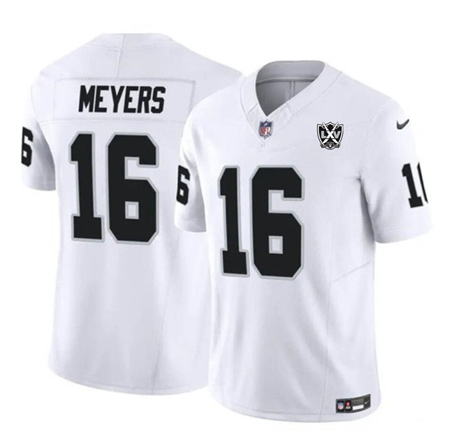 Personalized Men’s Las Vegas Raiders #16 Jakobi Meyers White 2024 F.U.S.E 65th Anniversary Patch Stitched Football Jersey