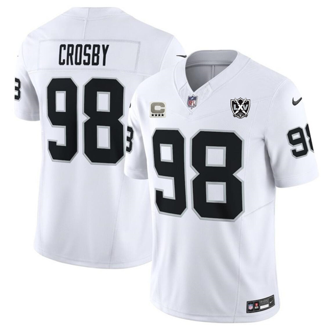 Personalized Men’s Las Vegas Raiders #98 Maxx Crosby White 2024 F.U.S.E With 4-Star C Patch And 65th Anniversary Patch Stitched Football Jersey