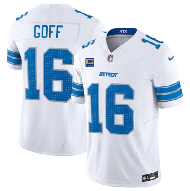 Personalized Men’s Detroit Lions #16 Jared Goff White 2024 F.U.S.E. With 4-Star C Patch Limited Stitched Jersey
