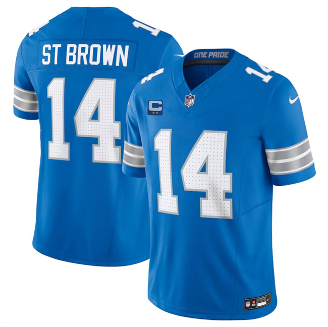 Personalized Men’s Detroit Lions #14 Amon-Ra St. Brown Blue 2024 F.U.S.E. With 2-Star C Patch Limited Stitched Jersey