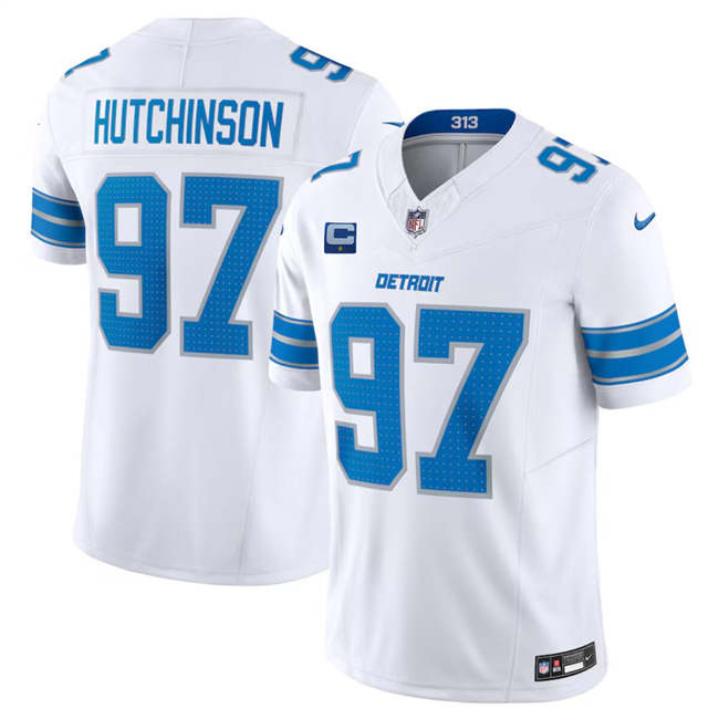 Personalized Men’s Detroit Lions #97 Aidan Hutchinson White 2024 F.U.S.E. With 1-Star C Patch Untouchable Limited Stitched Jersey