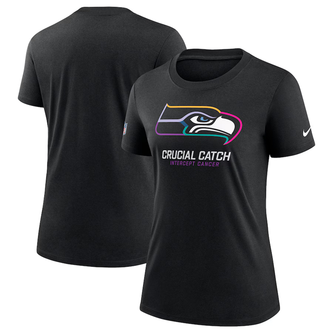 Personalized Women’s Seattle Seahawks Black 2024 Crucial Catch T-Shirt(Run Small)