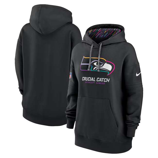 Personalized Women’s Seattle Seahawks Black 2024 Crucial Catch Club Pullover Hoodie(Run Small)