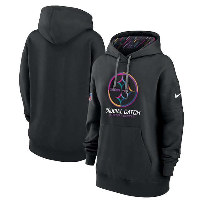 Personalized Women’s Pittsburgh Steelers Black 2024 Crucial Catch Club Pullover Hoodie(Run Small)