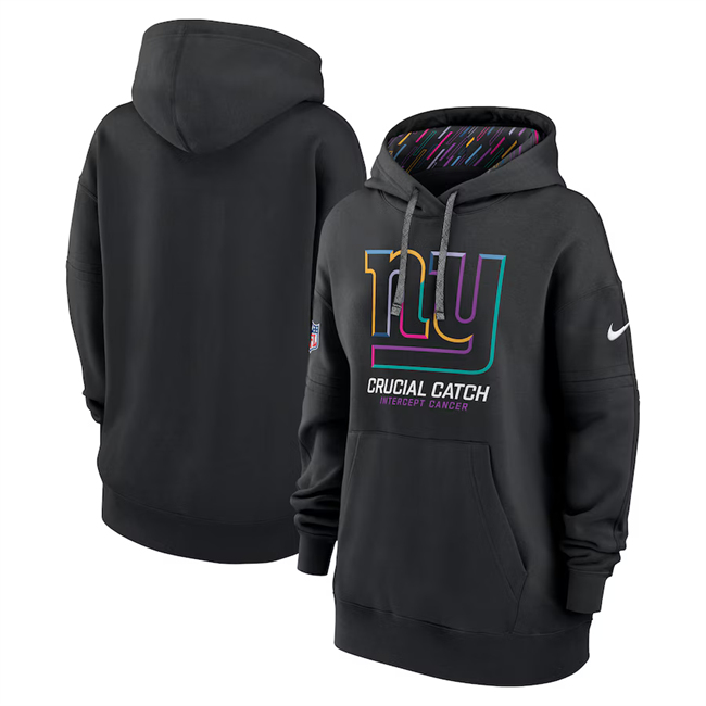 Personalized Women’s New York Giants Black 2024 Crucial Catch Club Pullover Hoodie(Run Small)