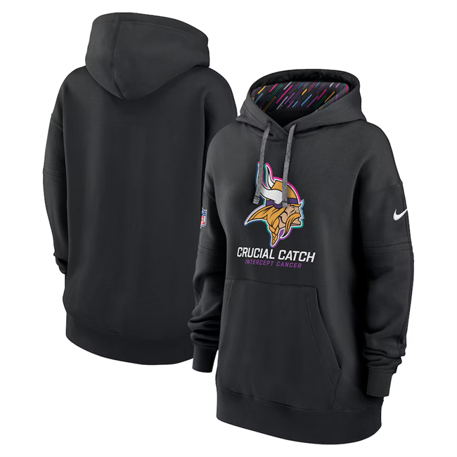 Personalized Women’s Minnesota Vikings Black 2024 Crucial Catch Club Pullover Hoodie(Run Small)