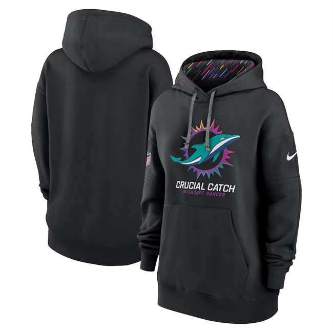 Personalized Women’s Miami Dolphins Black 2024 Crucial Catch Club Pullover Hoodie(Run Small)