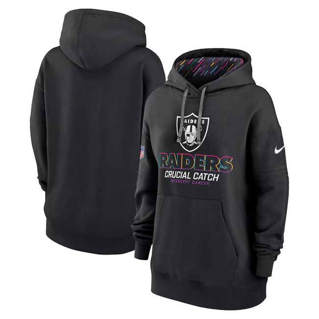 Personalized Women’s Las Vegas Raiders Black 2024 Crucial Catch Club Pullover Hoodie(Run Small)