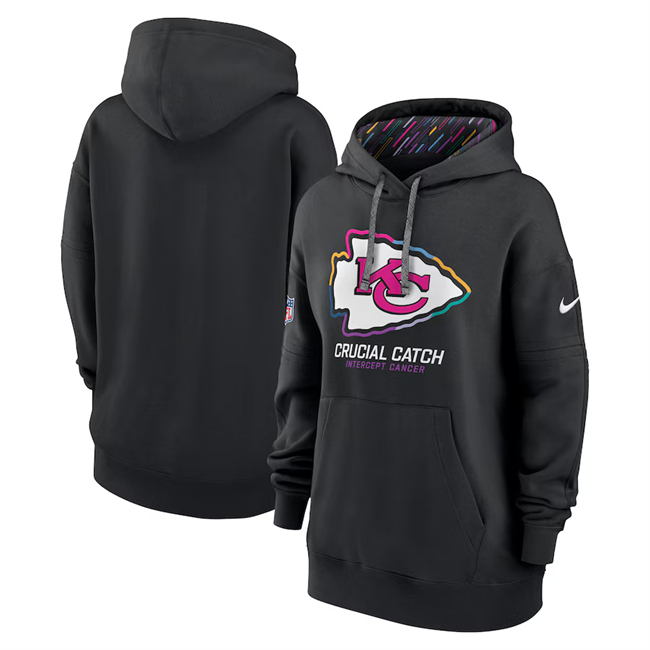 Personalized Women’s Kansas City Chiefs Black 2024 Crucial Catch Club Pullover Hoodie(Run Small)