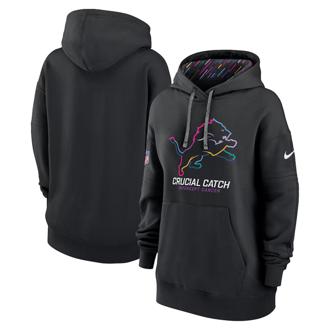 Personalized Women’s Detroit Lions Black 2024 Crucial Catch Club Pullover Hoodie(Run Small)