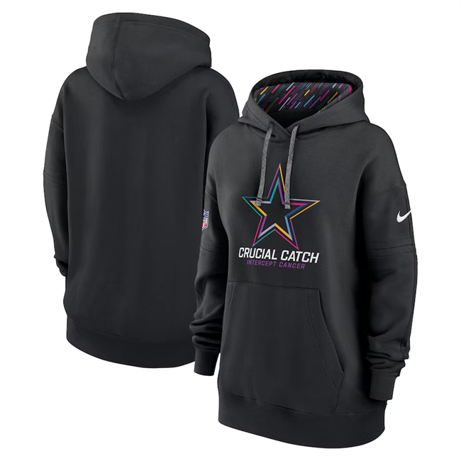 Personalized Women’s Dallas Cowboys Black 2024 Crucial Catch Club Pullover Hoodie(Run Small)
