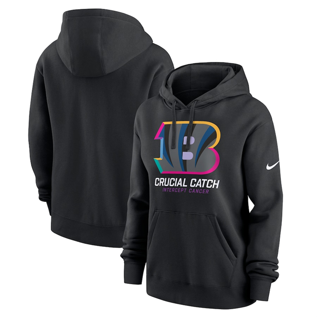 Personalized Women’s Cincinnati Bengals Black 2024 Crucial Catch Club Pullover Hoodie(Run Small)