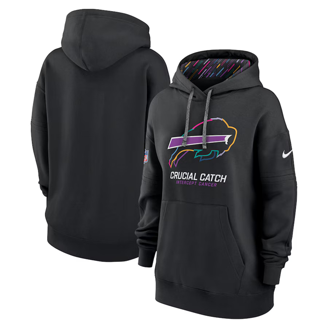 Personalized Women’s Buffalo Bills Black 2024 Crucial Catch Club Pullover Hoodie(Run Small)