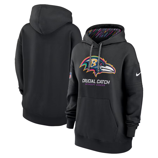 Personalized Women’s Baltimore Ravens Black 2024 Crucial Catch Club Pullover Hoodie(Run Small)