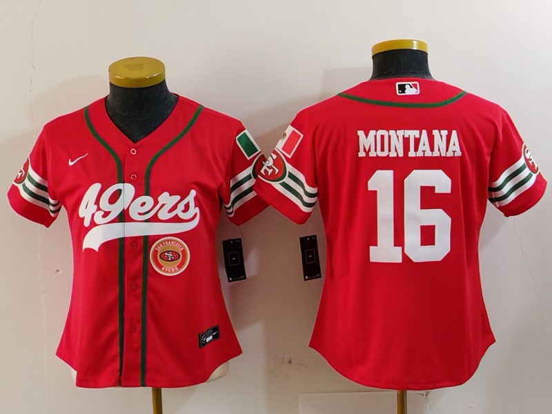 Personalized Women’s San Francisco 49ers #16 Joe Montana Red Mexico With Patch Cool Base Stitched Baseball Jersey(Run Small)