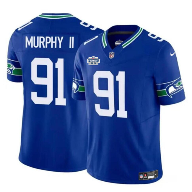 Personalized Men’s Seattle Seahawks #91 Byron Murphy II Royal 2024 With Dradt Patch F.U.S.E Throwback Limited Stitched Football Jersey