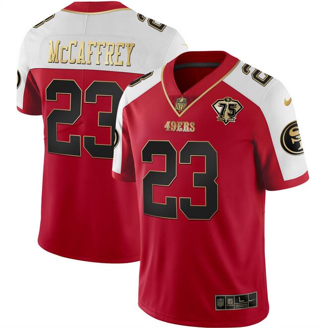 Personalized Men’s San Francisco 49ers #23 Christian McCaffrey Red Gold With 75th Patch Limited Stitched Football Jersey