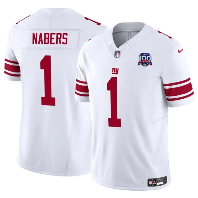 Personalized Men’s New York Giants #1 Malik Nabers White 2024 Draft F.U.S.E. 100TH Season Patch Untouchable Limited Stitched Jersey