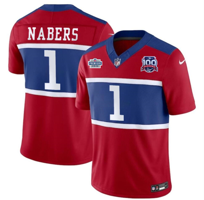 Personalized Men’s New York Giants #1 Malik Nabers Red 2024 F.U.S.E. With Draft Patch Alternate 100TH Season Patch Untouchable Limited Stitched Jersey