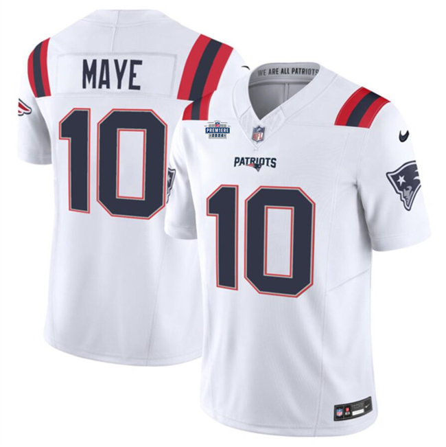 Personalized Men’s New England Patriots #10 Drake Maye White 2024 With Draft Patch F.U.S.E Limited Stitched Football Jersey