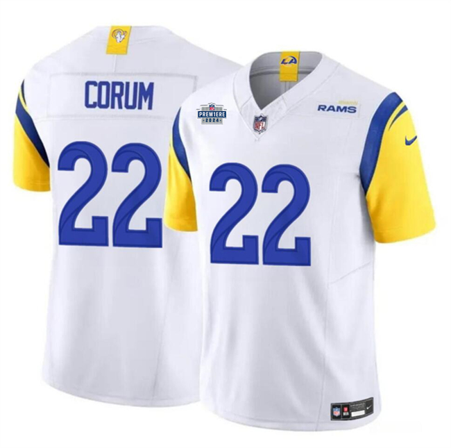 Personalized Men’s Los Angeles Rams #22 Blake Corum White 2024 With Dradt Patch F.U.S.E Untouchable Stitched Football Jersey